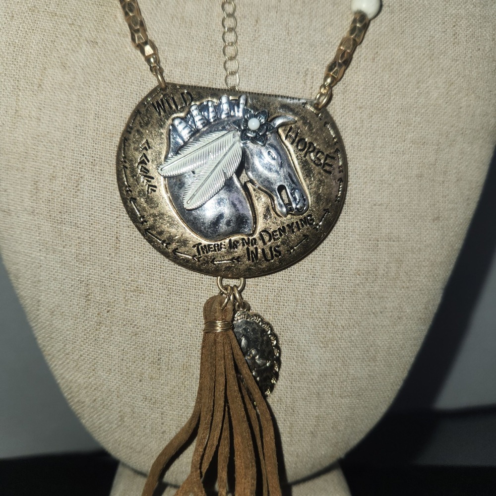 Wild Horse Statement Necklace Mixed Metal Shield Tassel Western Boho Jewelry - Picture 3 of 13